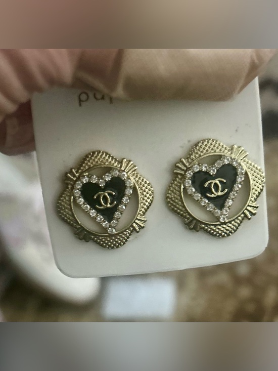 Fashion Jewelry Jewelry - Gold Heart Stud Earrings with Black Enamel and Crystals, fashion jewelry, NEW